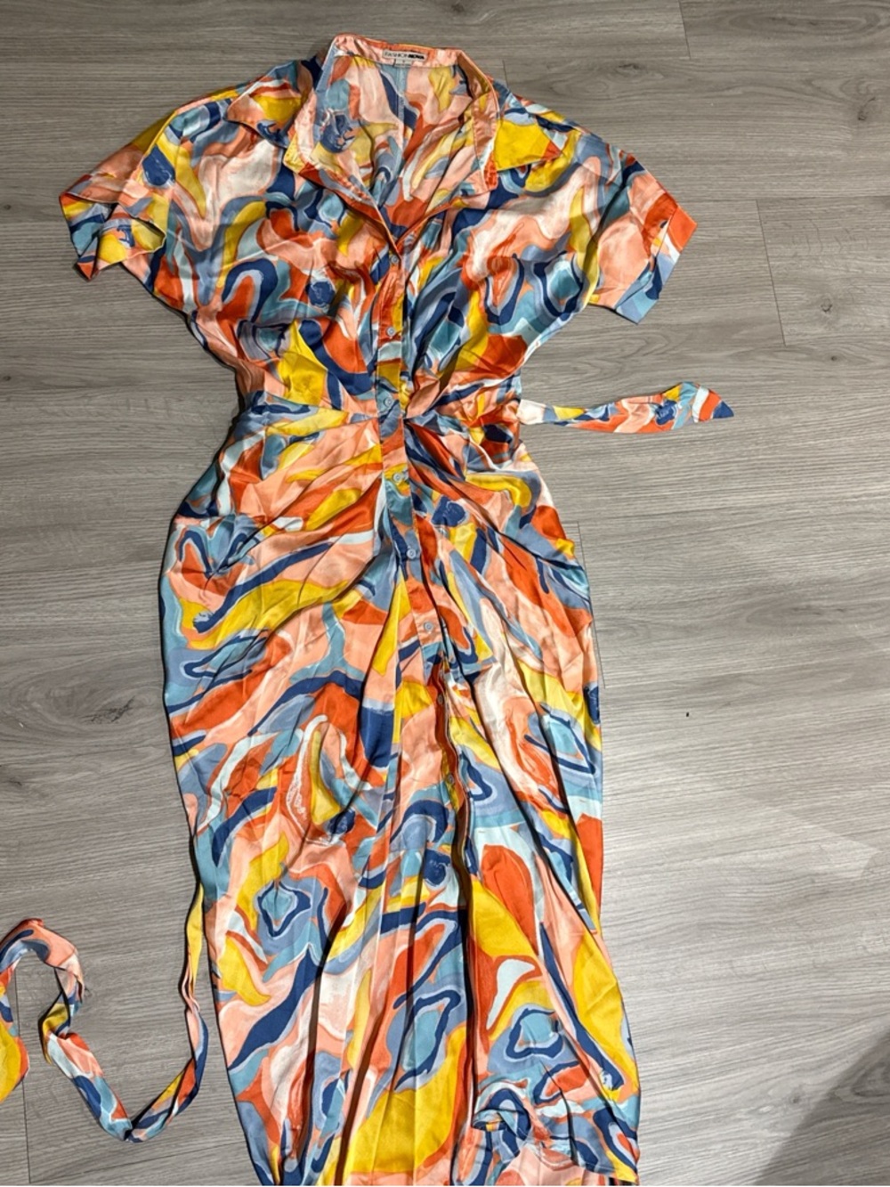Abstract Multicolor Tie-Waist Shirt Dress - Vibrant Blue, Yellow & Coral